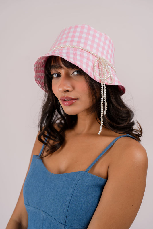 Pink checkered bucket hat