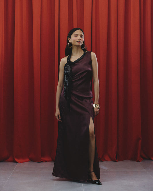 Mira brown satin skirt set