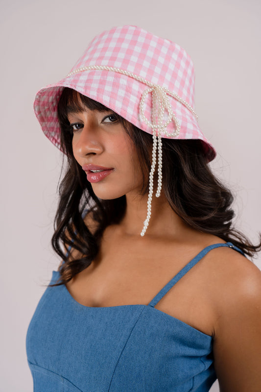 Pink checkered bucket hat