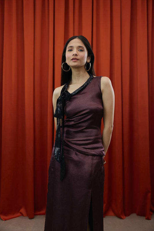 Mira brown satin skirt set